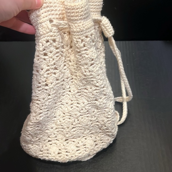 Crochet Drawstring Backpack Style Bag in Cream - Picture 2 of 7